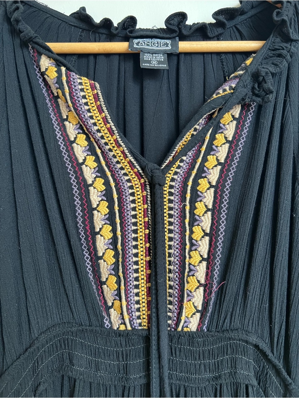 Angie Black Embroidered Boho Peasant Maxi Dress Tassel Tie Rayon Medium - Picture 4 of 8